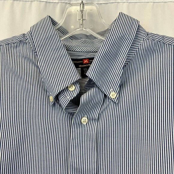 Members Mark Mens Button Down Shirt Blue White Striped Long Sleeve Pocket 17.5 - Picture 3 of 11